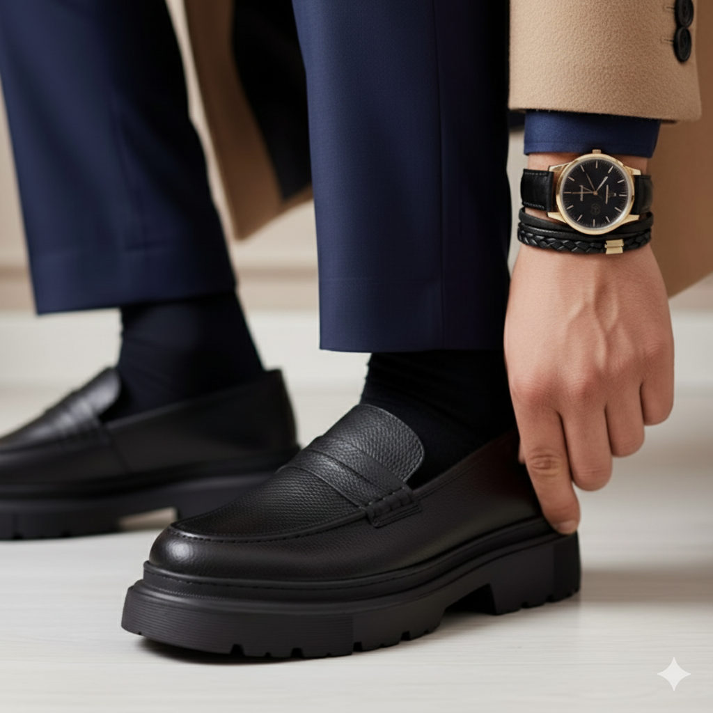 Chunky Black Leather Loafers with Textured Finish and EVA Sole