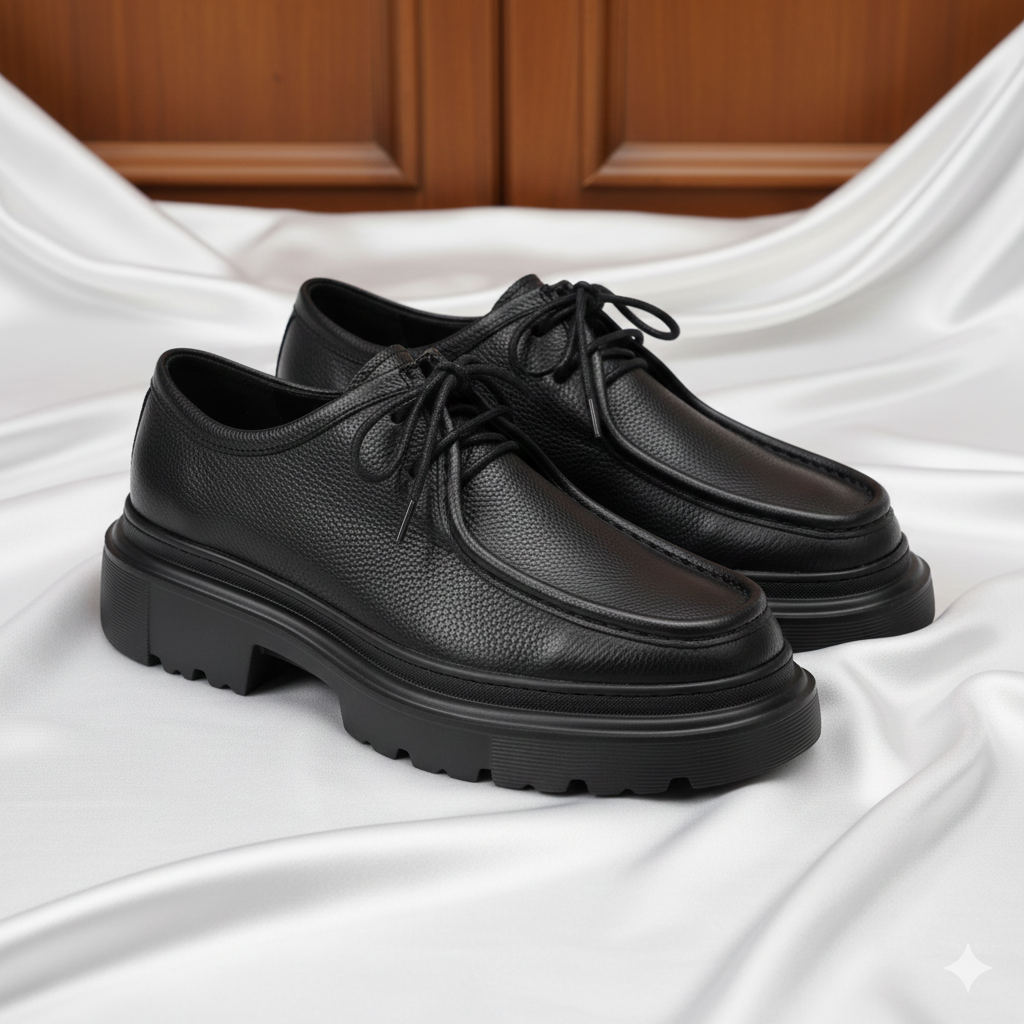 Chunky Black Grained Leather Derby Shoes with EVA Sole