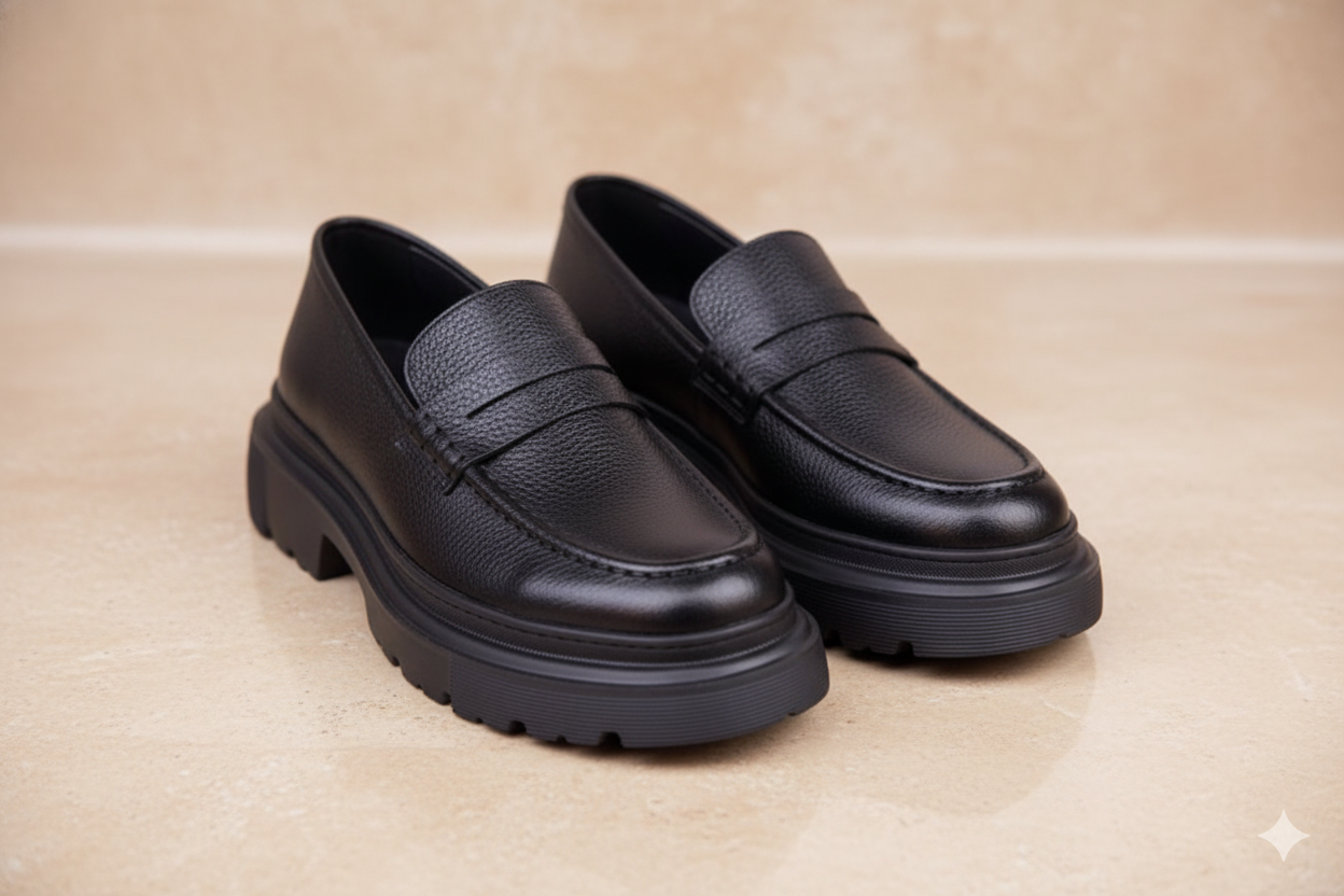 Chunky Black Leather Loafers with Textured Finish and EVA Sole