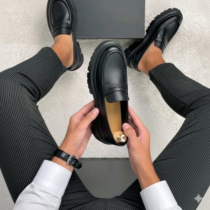Chunky Black Leather Loafers with Textured Finish and EVA Sole