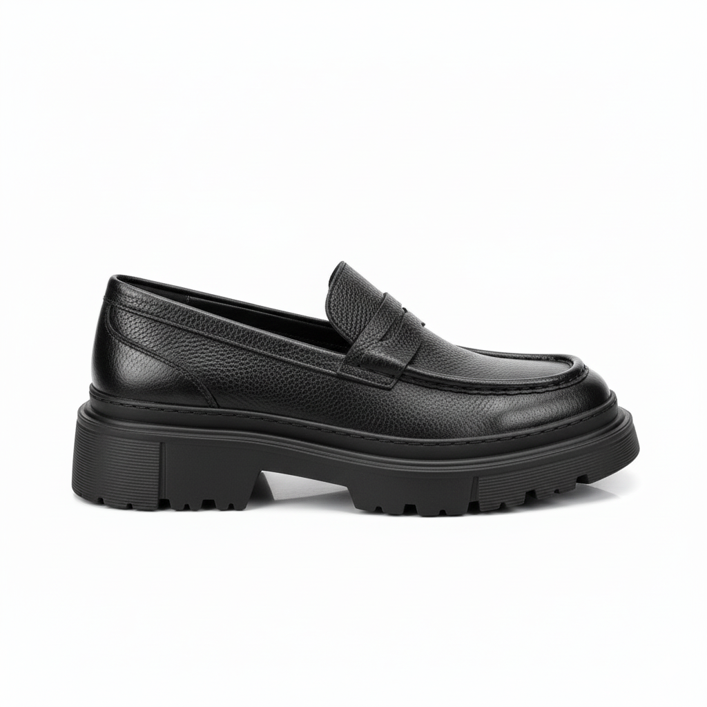 Chunky Black Leather Loafers with Textured Finish and EVA Sole