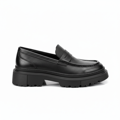 Chunky Black Leather Loafers with Textured Finish and EVA Sole