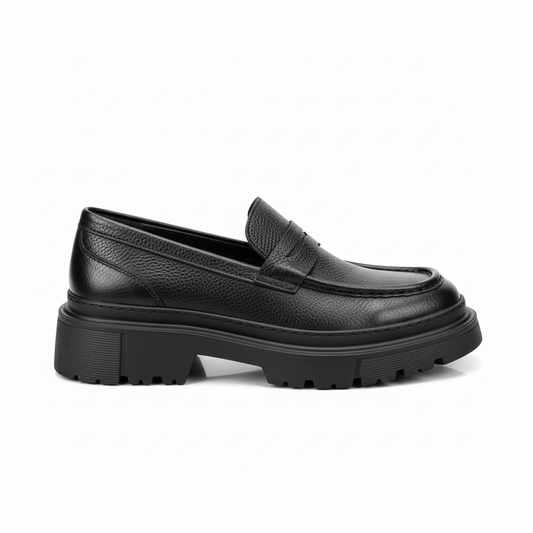 Chunky Black Leather Loafers with Textured Finish and EVA Sole