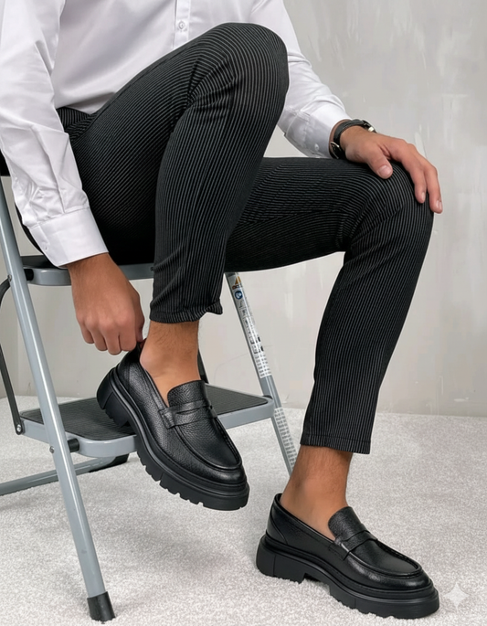 Chunky Black Leather Loafers with Textured Finish and EVA Sole